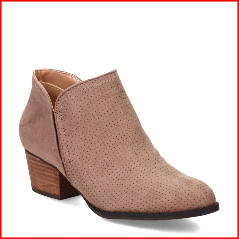 Perforated Ankle Booties with Memory Foam, Stacked Heel, Zipper Closure